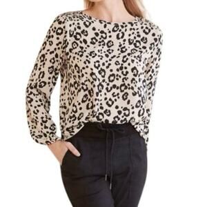 Peyton Jensen Leopard Print Smocked Shoulder Long Sleeve Blouse Size L